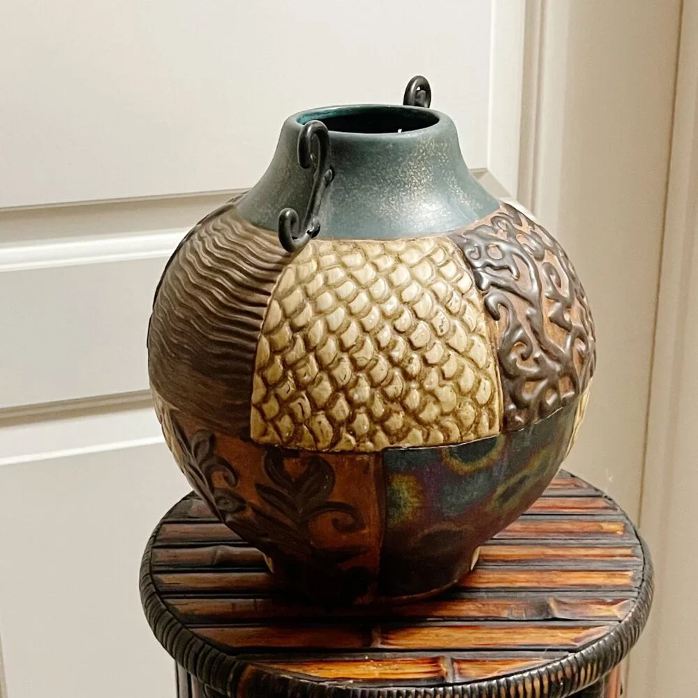 Pier 1 Vase Tan Turquoise Blue Multi Color Texture Pattern Ceramic Metal Unique!